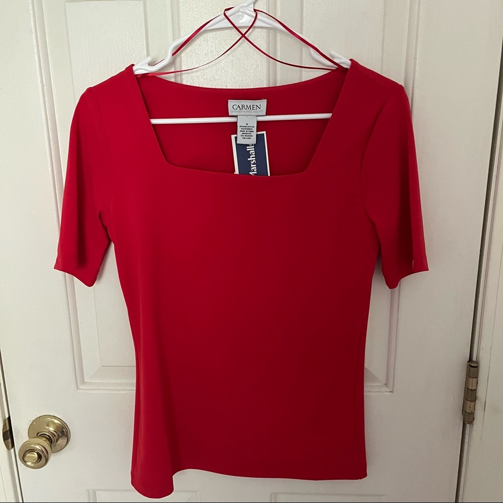❤️ Red square-neck business casual blouse